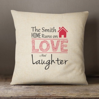 Personalised Cream Chenille Cushion - Runs on Love and Laughter